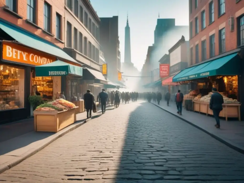 Vibrante calle comercial urbana en 8k: diversidad y actividad Imagen detallada de una bulliciosa calle de la ciudad con locales comerciales, mostrando diversidad y vitalidad