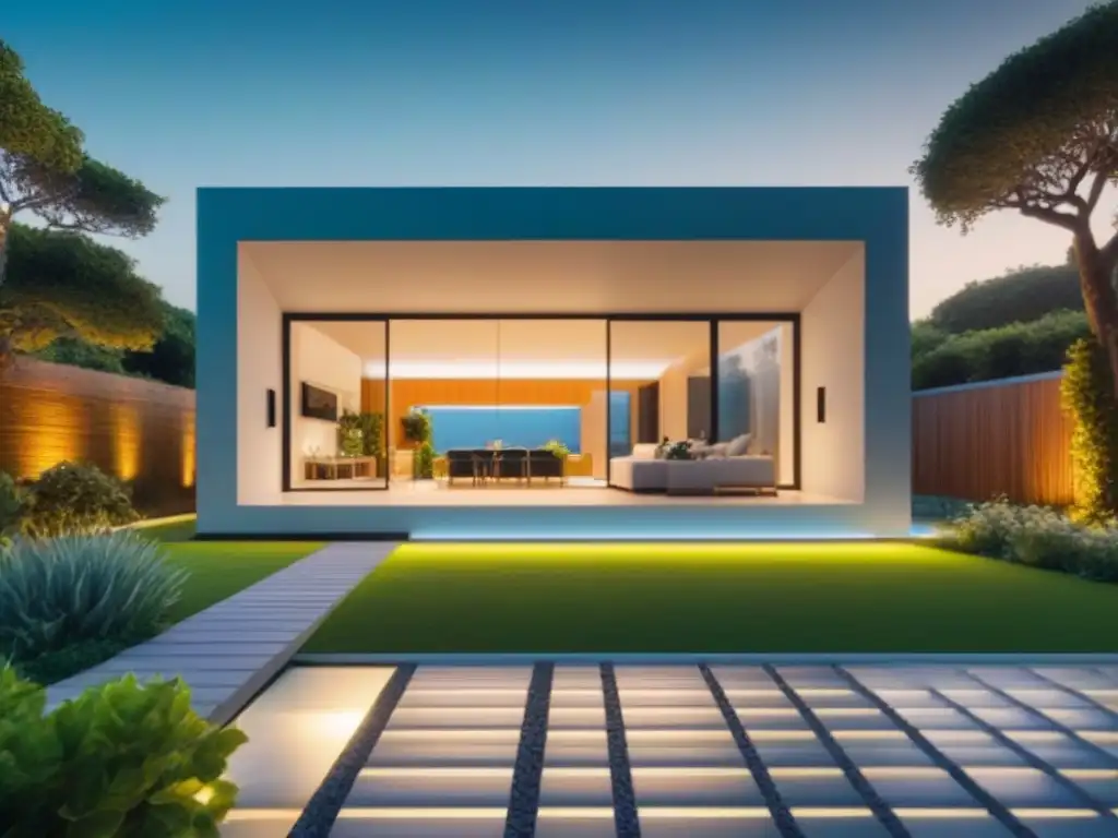 Smart home futurista: eficiencia energética y sostenibilidad Imagen detallada de una casa inteligente futurista con energía renovable y jardín verde, mostrando eficiencia energética