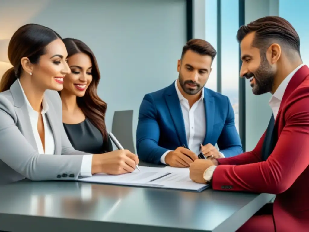 Diversidad y emoción: Compradores internacionales firman en moderna oficina inmobiliaria española Una imagen detallada de compradores internacionales felices firmando documentos de compra de propiedades en una elegante oficina inmobiliaria española