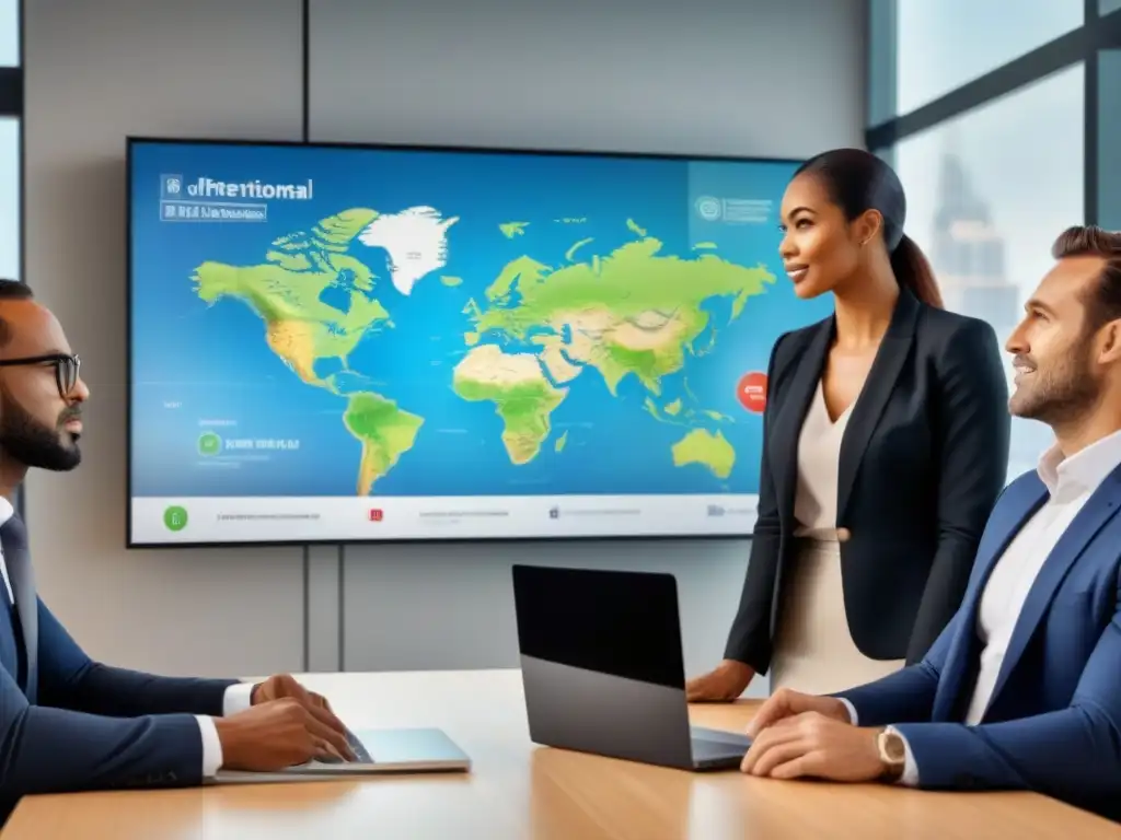 Inversión inmobiliaria global: equipo multicultural en oficina moderna Una imagen detallada de profesionales diversos en una oficina moderna, discutiendo sobre inversiones inmobiliarias internacionales