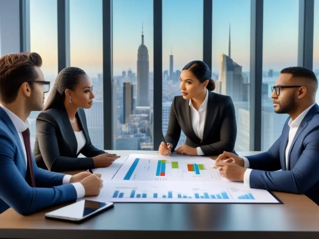 Profesionales diversificados analizan inversiones inmobiliarias Una imagen detallada de profesionales diversos en una oficina moderna, discutiendo sobre inversiones inmobiliarias avanzadas