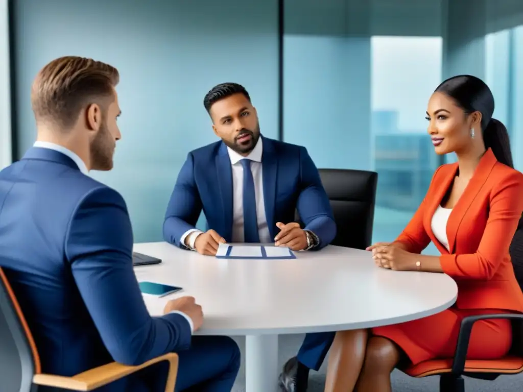 Profesionales del real estate en oficina moderna intercambiando tarjetas Una imagen detallada de profesionales en una oficina moderna intercambiando tarjetas de presentación