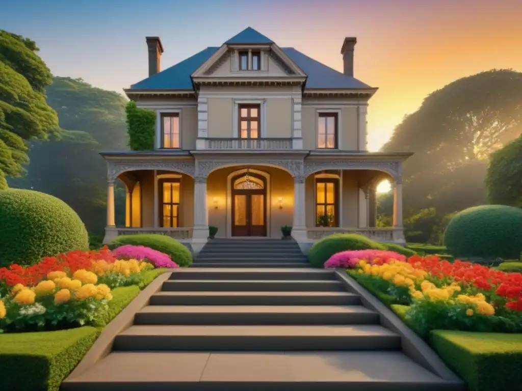 Propiedad histórica restaurada: detalle y elegancia en 8k Imagen detallada de propiedad histórica restaurada, con molduras ornamentales, vitrales y jardines florecientes al atardecer