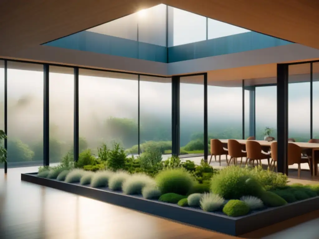 Proyecto arquitectónico sostenible en armonía con la naturaleza Una imagen detallada de un proyecto arquitectónico moderno rodeado de exuberante vegetación en un área natural protegida