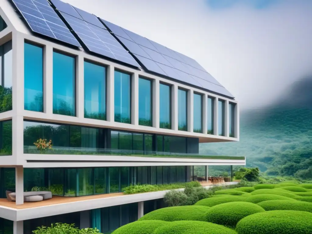 Edificio ecológico futurista: diseño sostenible en entorno natural Una imagen de un edificio ecológico futurista rodeado de vegetación, con paneles solares y sistemas de recolección de agua de lluvia