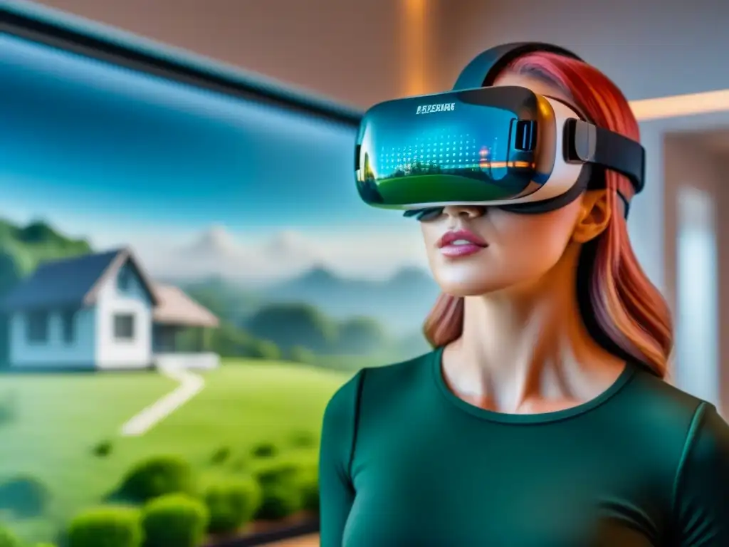 Realidad virtual inmersiva: Casa de lujo en entorno verde Una imagen futurista de un agente inmobiliario usando un casco de realidad virtual, con un holograma de una casa de lujo en un entorno natural