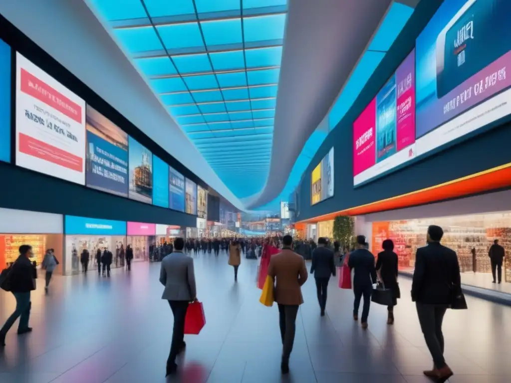 Centro comercial internacional: modernidad y diversidad en acción Una imagen futurista de un bullicioso centro comercial internacional, con tiendas diversas y arquitectura contemporánea