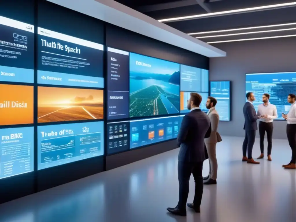 Espacio comercial futurista con tecnología de vanguardia y diseño innovador Una imagen futurista de un espacio comercial lleno de pantallas digitales interactivas con datos y tendencias de investigación de mercado