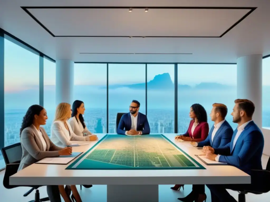 Agentes inmobiliarios internacionales: colaboración global en acción Una imagen impresionante de agentes inmobiliarios de todo el mundo en una oficina moderna, discutiendo con documentos y mapas