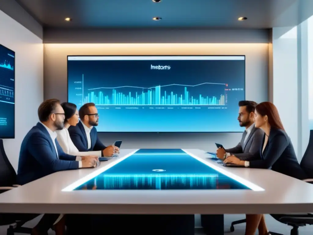 Inversionistas analizando datos financieros en sala futurista Una imagen de inversores y propietarios serios discutiendo sobre la reforma fiscal inmobiliaria en una sala futurista y tecnológica