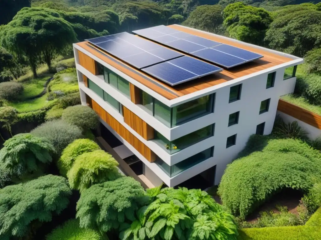 Edificio sostenible rodeado de naturaleza exuberante Imagen de moderno edificio sostenible rodeado de vegetación exuberante, con paneles solares y diseño ecofriendly por arquitecto proyectos verdes especializado