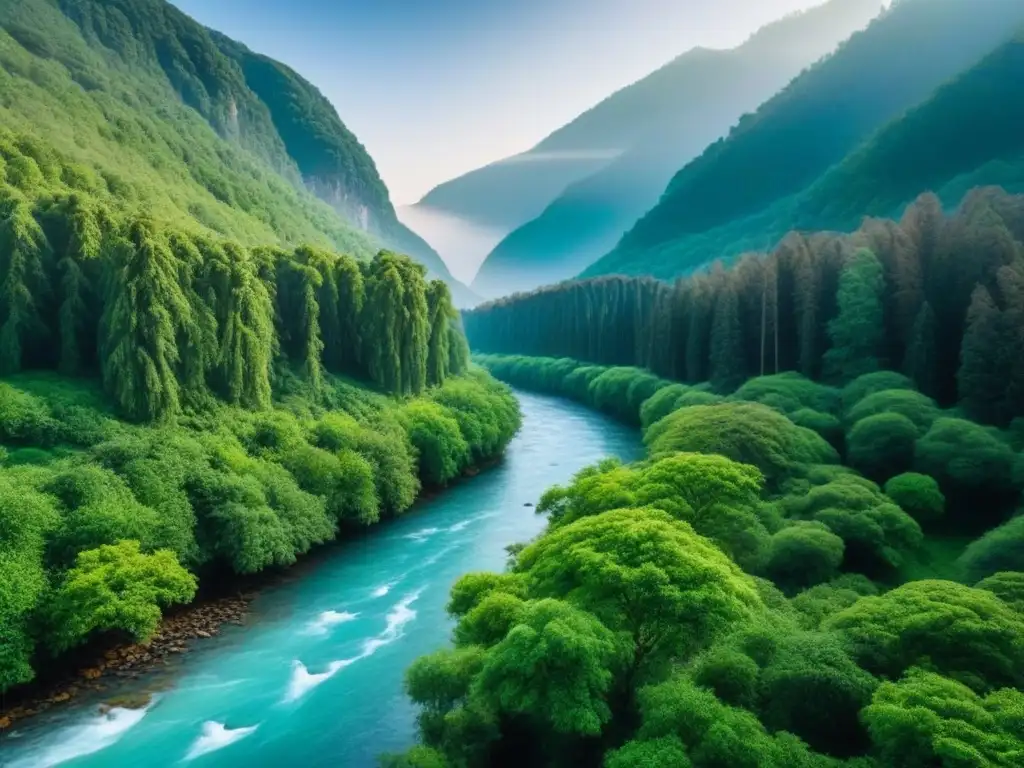 Paraíso natural: río cristalino y montañas majestuosas Imagen de paisaje natural sereno con vegetación exuberante, río cristalino y montañas majestuosas
