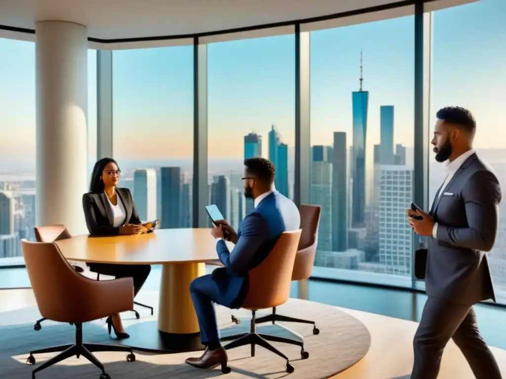 Reunión de profesionales: estrategias inmobiliarias en la ciudad Una imagen de profesionales debatiendo estrategias inmobiliarias en un moderno salón con vistas a la ciudad