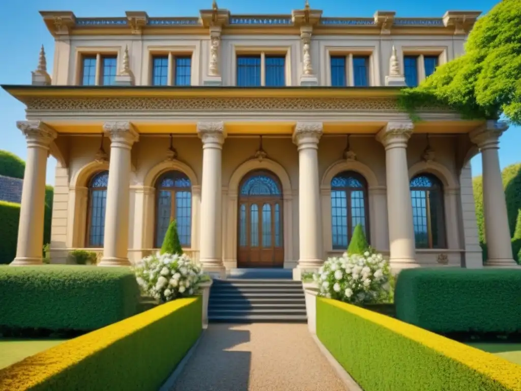 Propiedad histórica restaurada con detalles arquitectónicos impresionantes Imagen de una propiedad histórica restaurada con detalles arquitectónicos y jardines exuberantes en plena floración