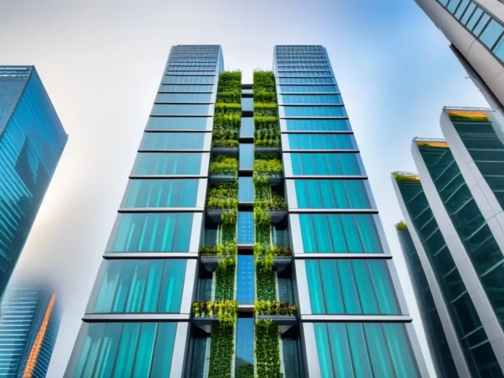 Rascacielos futurista y sostenible con jardín vertical en 8k Imagen de un rascacielos futurista y sostenible con jardín vertical, destacando modelos de negocio inmobiliario rentables