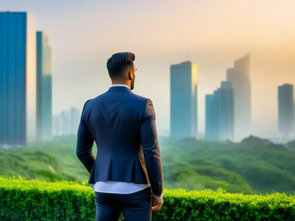 Rascacielos moderno y elegante en entorno urbano y natural La imagen muestra un rascacielos moderno brillando al sol, rodeado de vegetación y una ciudad bulliciosa