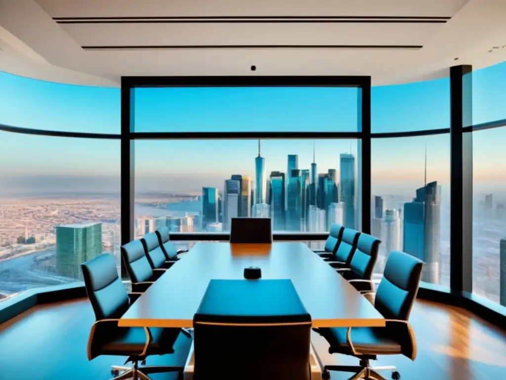 Sala de juntas moderna con vista panorámica de la ciudad Imagen de una sala de juntas moderna con vista panorámica a la ciudad, reflejando profesionalismo y éxito financiero