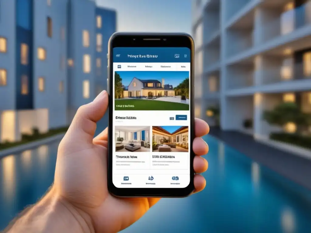Interfaz inmobiliaria moderna para móviles Explora la imagen de un sitio web inmobiliario móvil optimizado con diseño moderno y atractivo