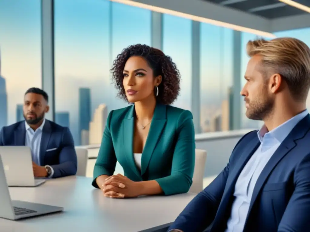 Inversión inmobiliaria: Profesionales en discusión innovadora en oficina moderna Una imagen vibrante de profesionales diversificados en una oficina moderna, discutiendo oportunidades de Fondos de Inversión Inmobiliaria rentables
