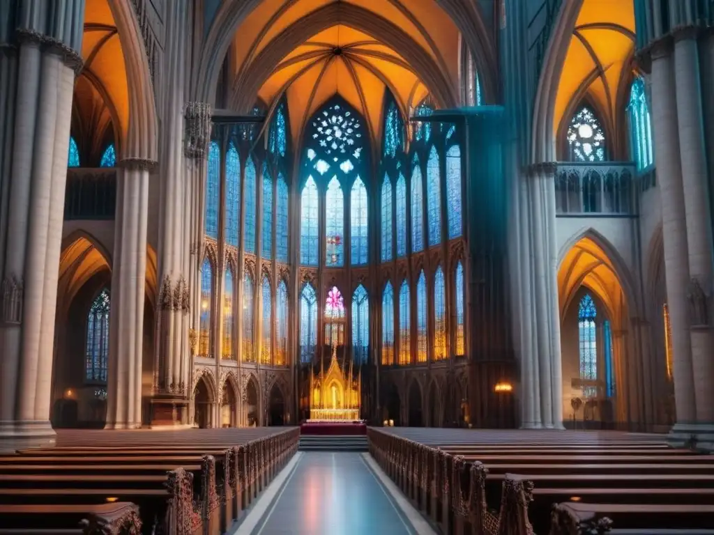 Esplendor gótico: catedral detallada frente a la ciudad moderna Impactante catedral gótica con detalles en piedra, torres altas y vitrales coloridos, contrastando con el paisaje urbano moderno