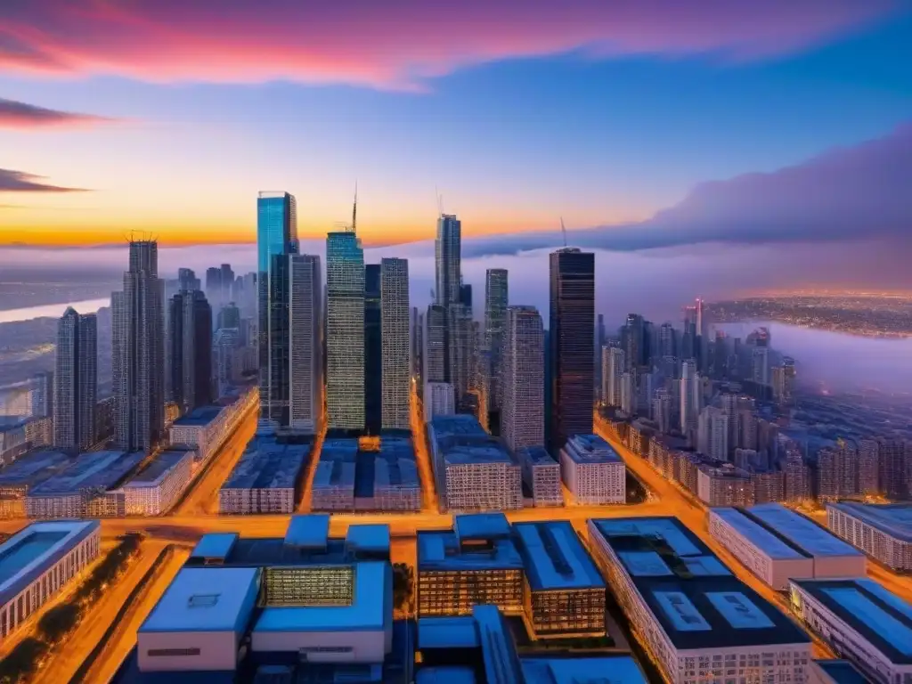 Espléndida ciudad moderna al atardecer: luces, arquitectura y naturaleza Impactante ciudad al atardecer, con modernos rascacielos reflejando el cielo colorido