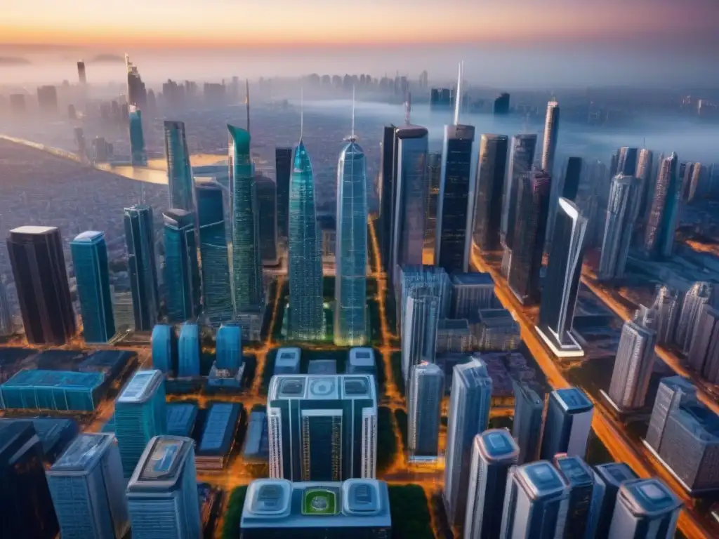 Regulaciones inmobiliarias: ciudad futurista y sostenible Impactante ciudad futurista con diversidad de edificios y espacios verdes, resaltando la Importancia de la regulación inmobiliaria protección
