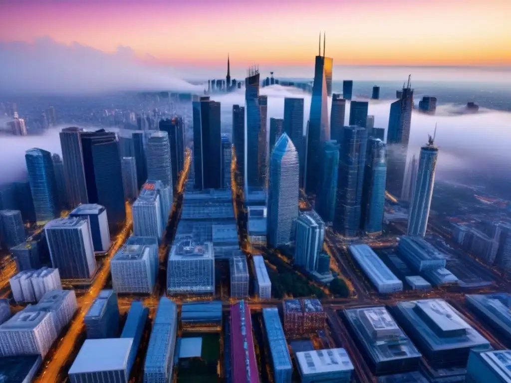 Espléndida vista aérea de ciudad moderna con rascacielos innovadores Impactante ciudad con rascacielos modernos y diversidad arquitectónica, reflejando el Código Internacional de Construcción Inmobiliaria