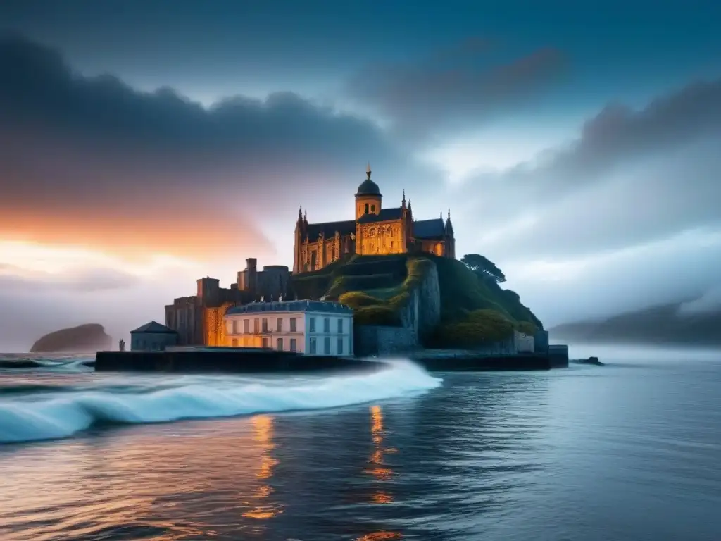 Edificio histórico amenazado por el aumento del mar Impactante imagen 8k: edificio histórico rodeado de agua por cambio climático, desafío para conservación edificios