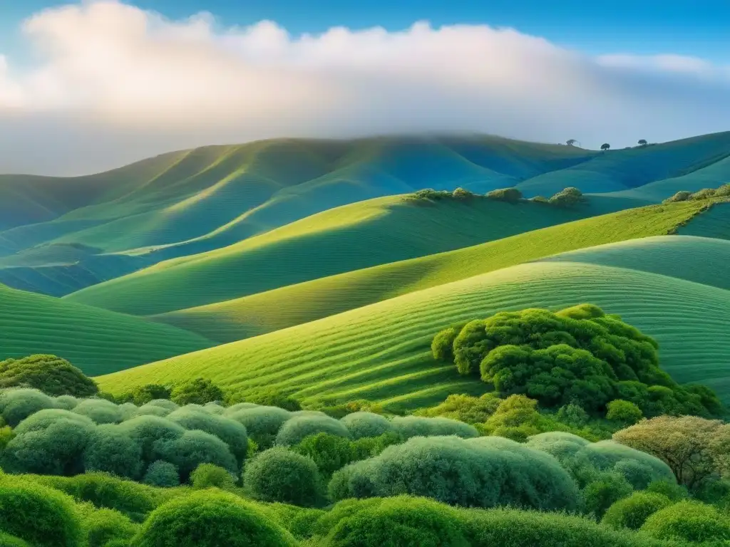 Restauración de paisaje: verde exuberante y cielo azul Impactante paisaje restaurado con colinas verdes, árboles nativos y cielo azul