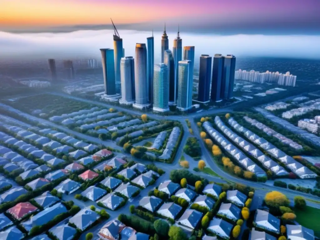 Metrópolis moderna: evolución urbana y mercado inmobiliario Impactante panorama urbano con rascacielos modernos y barrios tradicionales, reflejando la evolución de las políticas de vivienda mercado inmobiliario