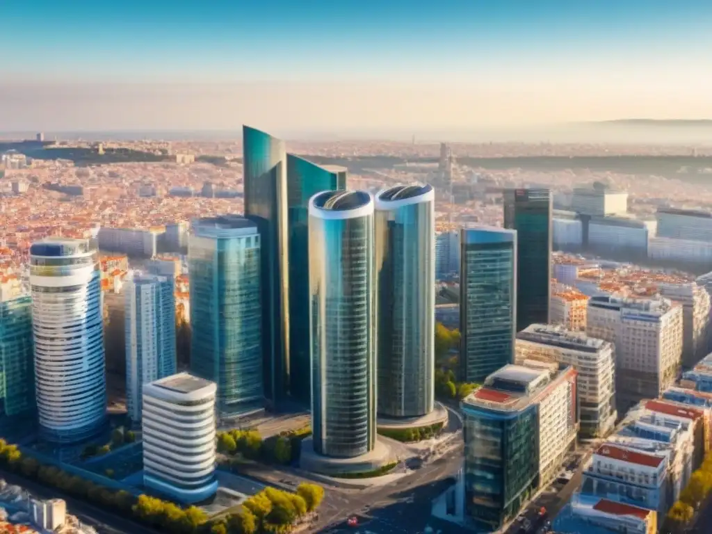 Madrid: paisaje urbano moderno y vibrante Impactante skyline de Madrid con arquitectura histórica y rascacielos modernos, reflejando el mercado inmobiliario postBrexit