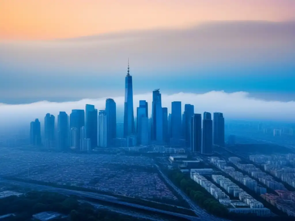 Contaminación urbana: impacto en inversión inmobiliaria Impactante skyline urbano cubierto de smog, contrastando con un cielo azul claro