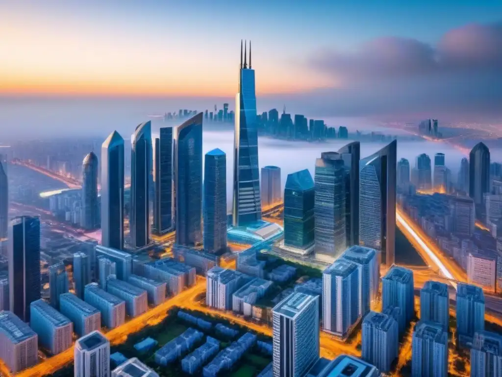 Skyline futurista: impacto de la corrupción en inversiones inmobiliarias Impactante skyline urbano futurista con gráficos financieros