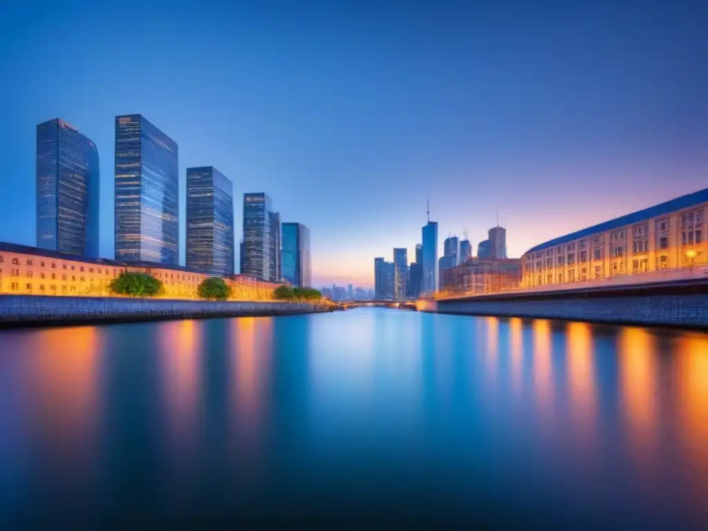 Impacto de la nueva ley de alquiler en inversión inmobiliaria Impactante skyline urbano al anochecer, reflejándose en el río, simbolizando el impacto de la nueva ley arrendamientos en inversiones inmobiliarias