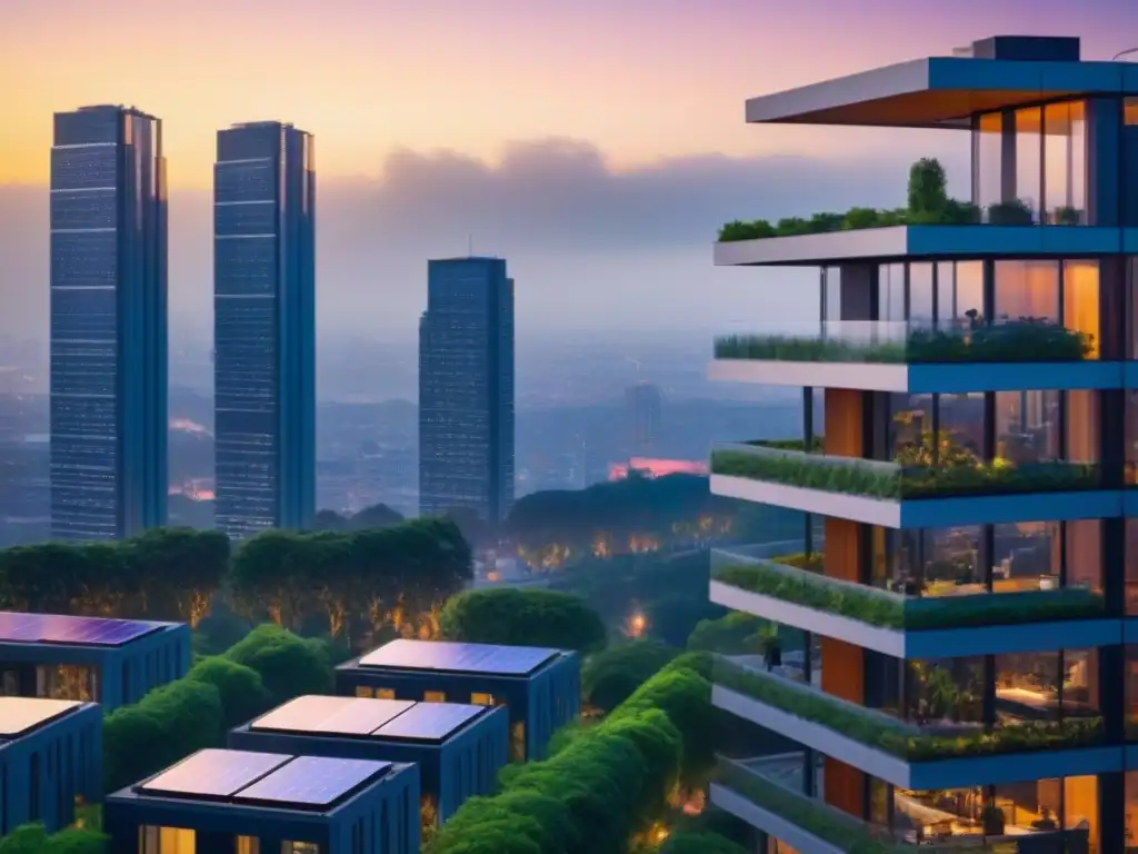 Rascacielos sostenible en atardecer vibrante Una impactante torre moderna, sostenible, con paneles solares y vegetación, reflejando la ciudad