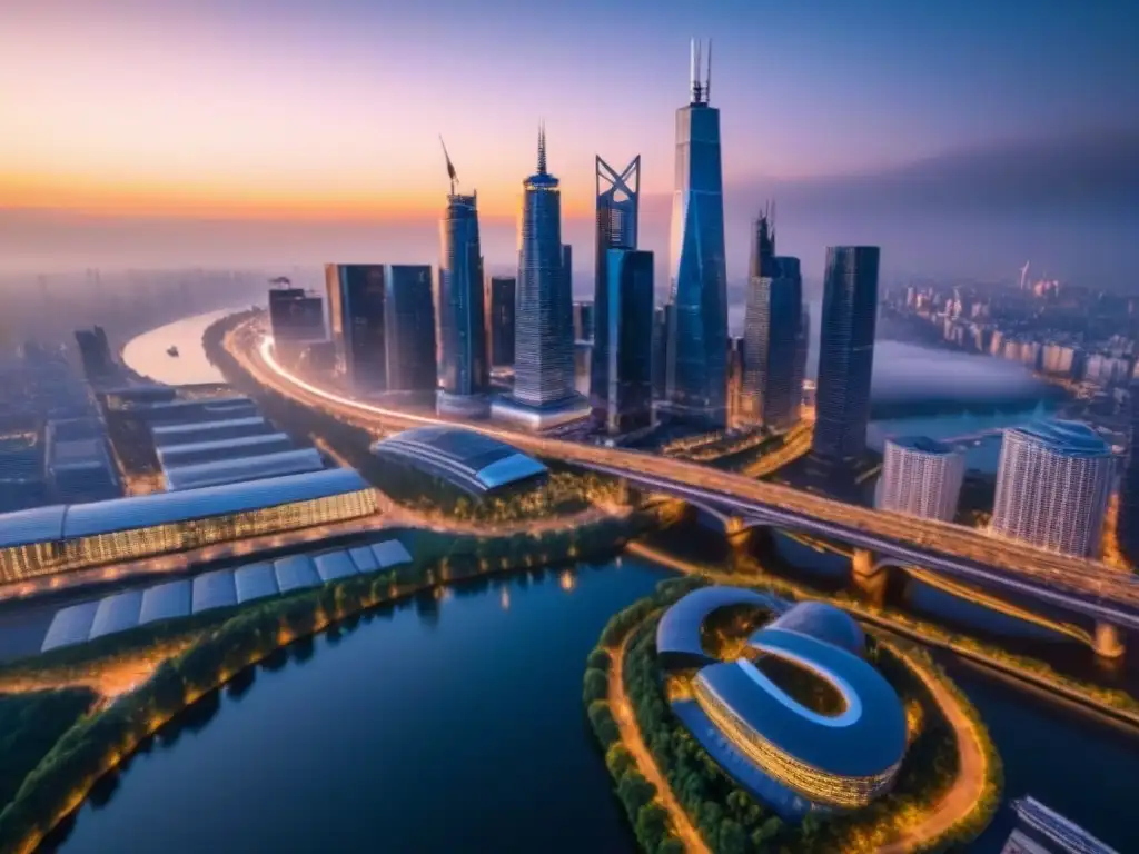 Espléndida vista aérea urbana al atardecer: rascacielos, luces y progreso Una impactante vista aérea de una ciudad moderna al atardecer, destacando rascacielos, luces y un río serpenteante