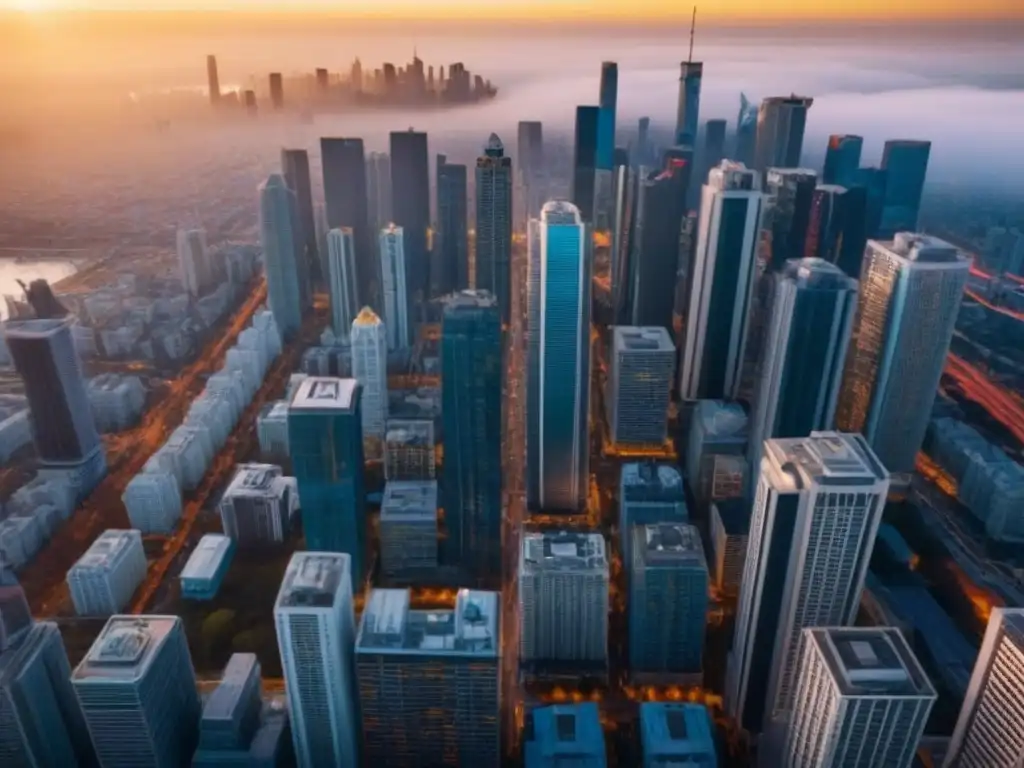 Panorama urbano al atardecer: mercado inmobiliario en crecimiento Una impactante vista aérea de una ciudad llena de rascacielos modernos, cada uno representando un aspecto del mercado inmobiliario
