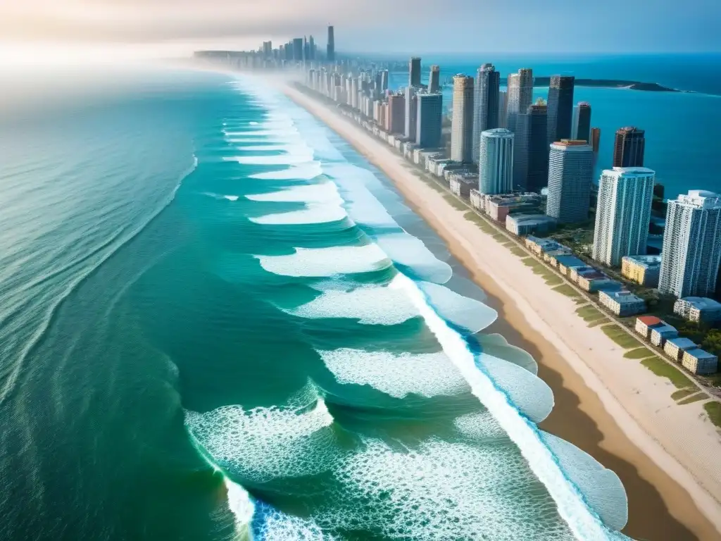 Cityscape costero: choque entre urbanización y fuerzas naturales Impactante vista aérea de ciudad costera, con rascacielos y olas erosionando la playa