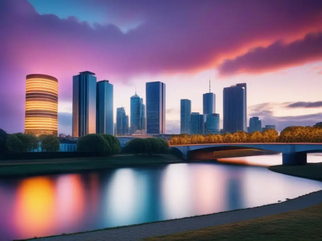 Horizonte urbano futurista al anochecer: progreso y prosperidad Impactante vista urbana al anochecer con rascacielos brillantes reflejados en un río, transmitiendo progreso y prosperidad
