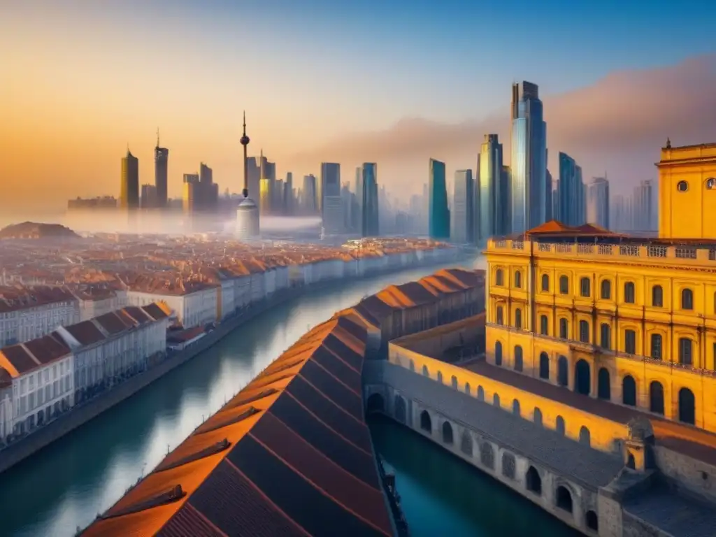Contraste arquitectónico: evolución del mercado inmobiliario global Impacto de acuerdos comerciales en el mercado inmobiliario: contraste entre modernidad y tradición en una ciudad vibrante al atardecer