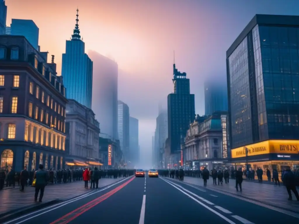 Skyline urbano: diversidad y crecimiento económico al atardecer Impacto de acuerdos comerciales en el mercado inmobiliario de una ciudad moderna al anochecer, con rascacielos iluminados y gente diversa en la calle
