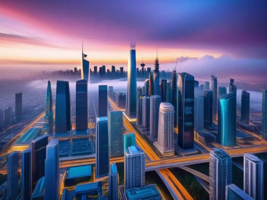 Metrópolis futurista: mercado inmobiliario global en evolución Impacto de acuerdos comerciales en el mercado inmobiliario del futuro, con rascacielos y tecnología avanzada