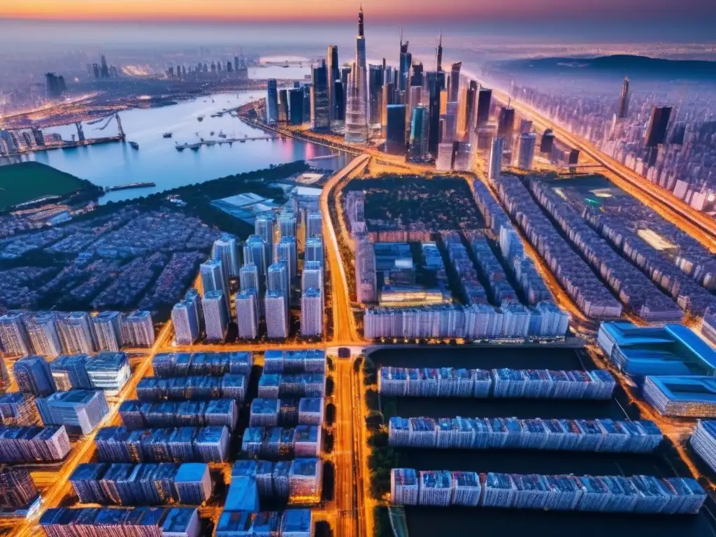 Horizonte urbano vibrante: impacto de acuerdos comerciales Impacto de acuerdos comerciales en el mercado inmobiliario: Ciudad moderna con rascacielos, autopistas y atardecer vibrante