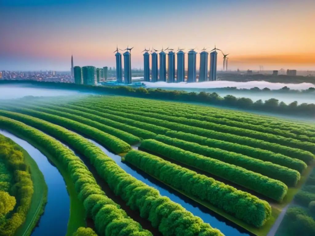 Horizonte urbano futurista: arquitectura sostenible y naturaleza Impacto del cambio climático en la inversión inmobiliaria: skyline futurista con rascacielos sostenibles y naturaleza integrada al atardecer