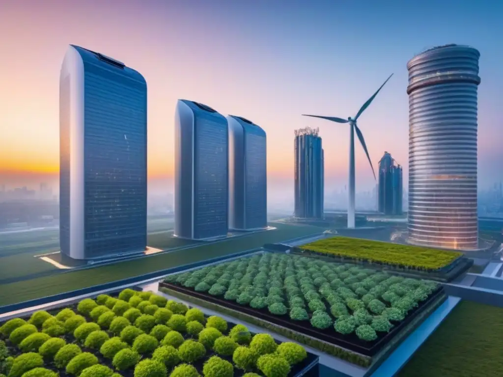Metrópolis sostenible: innovación ecoamigable en el atardecer Impacto del cambio climático en la inversión inmobiliaria: Futurista ciudad sostenible con rascacielos verdes y energía renovable al atardecer