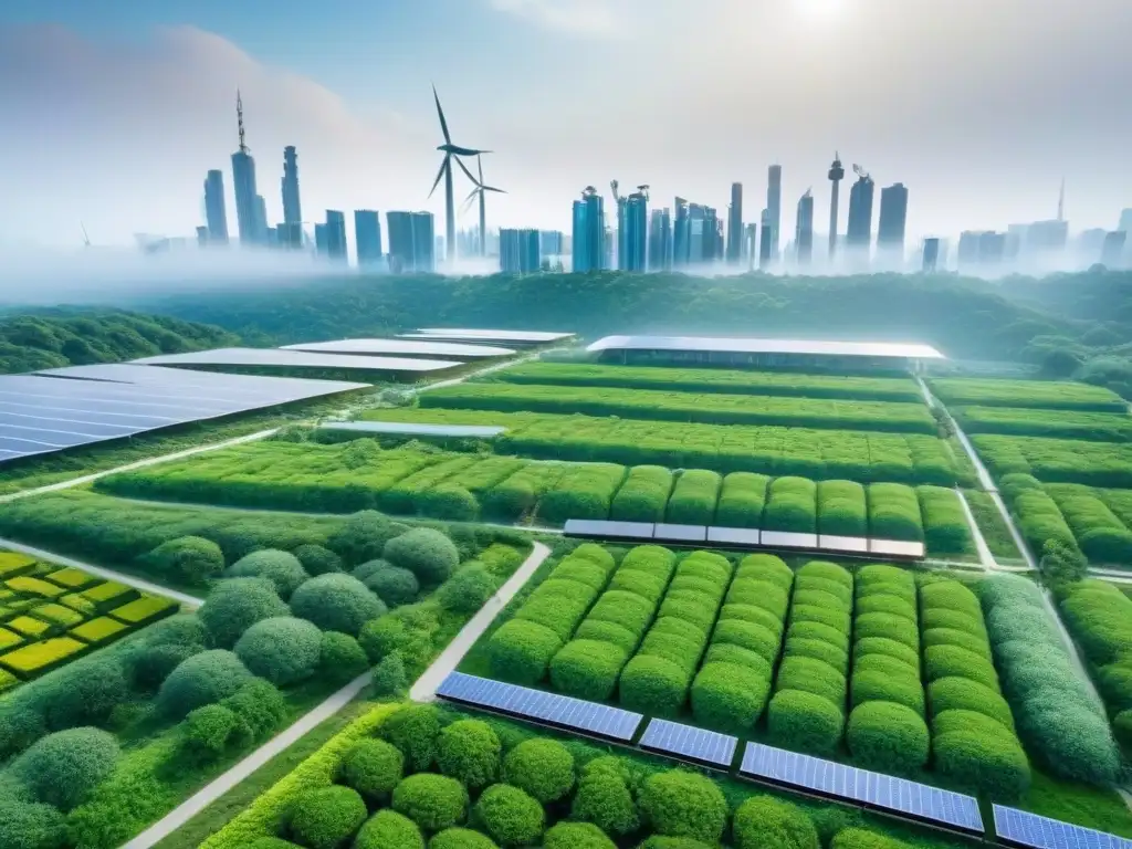 Metrópolis futurista sostenible y resiliente al clima Impacto de cambios climáticos en mercado inmobiliario: Ciudad futurista con edificios sostenibles y resilientes al clima