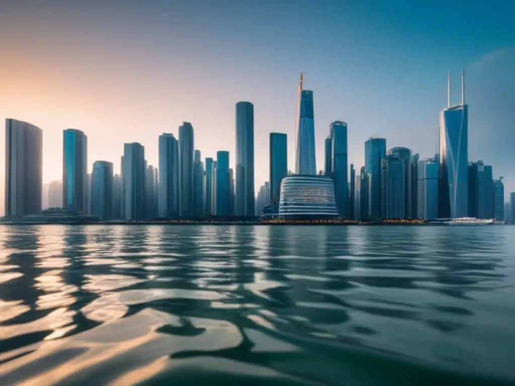 Horizonte urbano futurista afectado por el cambio climático Impacto de cambios climáticos en seguros de vivienda: rascacielos futuristas parcialmente sumergidos por el mar en la ciudad moderna
