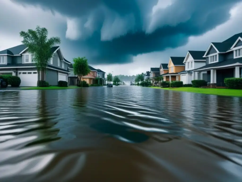 Inundación por lluvias: impacto del cambio climático en seguros de hogar Impacto de cambios climáticos en seguros de vivienda: barrio inundado por fuertes lluvias, casas con agua hasta las puertas y nubes de tormenta