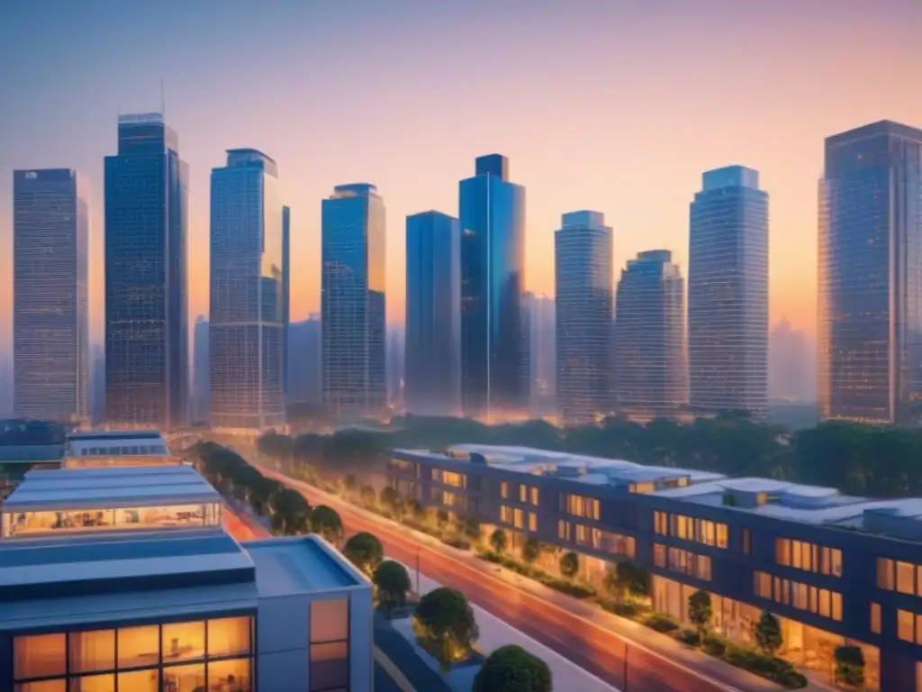 Horizonte urbano al atardecer: diversidad y inversión inmobiliaria Impacto de cambios demográficos en propiedades inmobiliarias: Ciudad moderna al atardecer con diversos rascacielos y ambiente urbano dinámico
