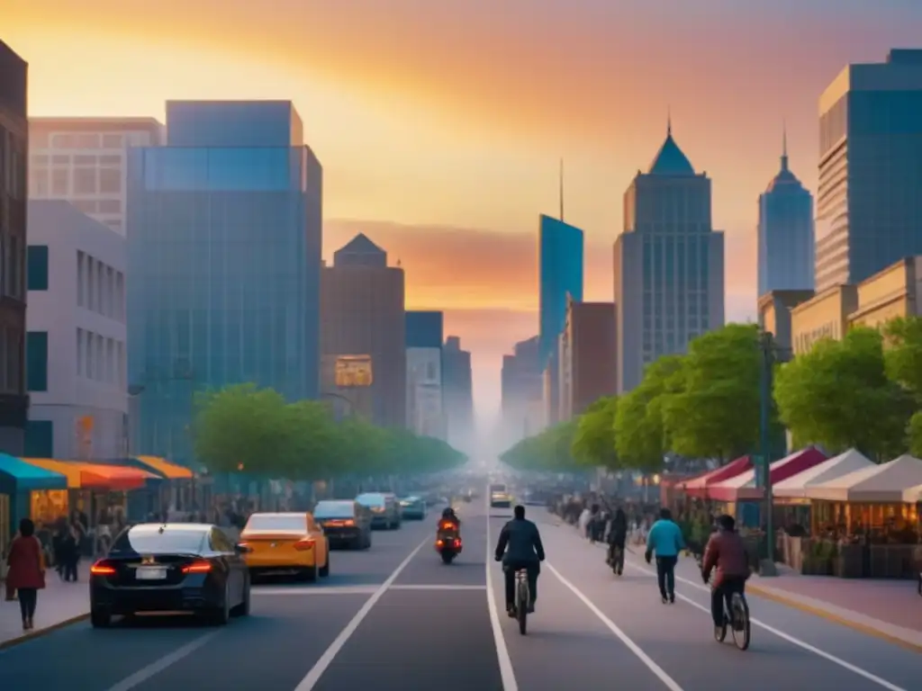 Vibrante ciudad diversa al atardecer: crecimiento urbano en 8k Impacto de cambios demográficos en propiedades inmobiliarias: una ciudad vibrante con diversidad de edades y actividades bajo un atardecer